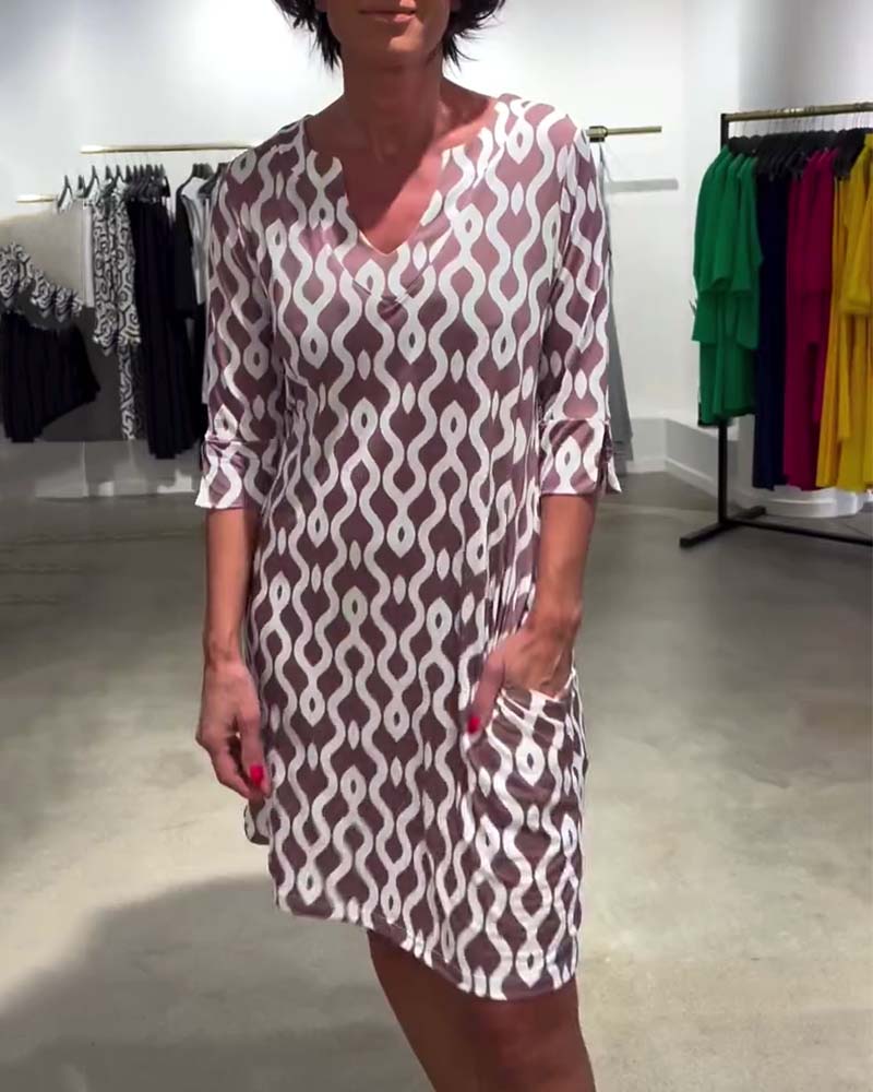 Mid-Length High Collar Printed Dress